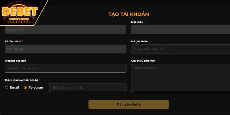 Đăng kí đại lý Debet 5 Tiến hành tạo đại lý tại website